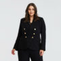 Woman wearing plus-size black blazer and pant.