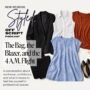 Styled, Off Script Episode 6 workwear podcast graphic featuring professional outfit ideas for a work trip, including a blazer, blouse, pants, shoes, and jewelry.
