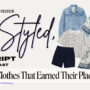 Styled, Off Script Episode 7 artwork with a denim jacket, striped tee, navy shorts, and printed caftan.