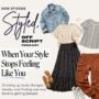 Styled, Off Script Episode 9: When Your Style Stops Feeling Like You, featuring a fall outfit flatlay with a denim jacket, floral skirt, cargo pants and casual tops.