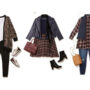 A set of plus size plaid fall outfits including a leather moto jacket with plaid skirt.
