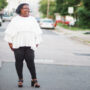plus-size style evolution white flowy top black pants street style